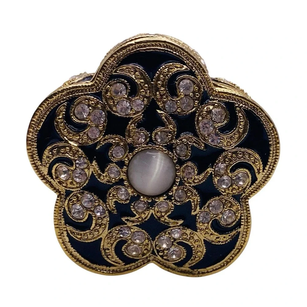 Vintage Swirled Enameled Metal Jeweled Trinket Pill Lidded Box Gold Black Beige